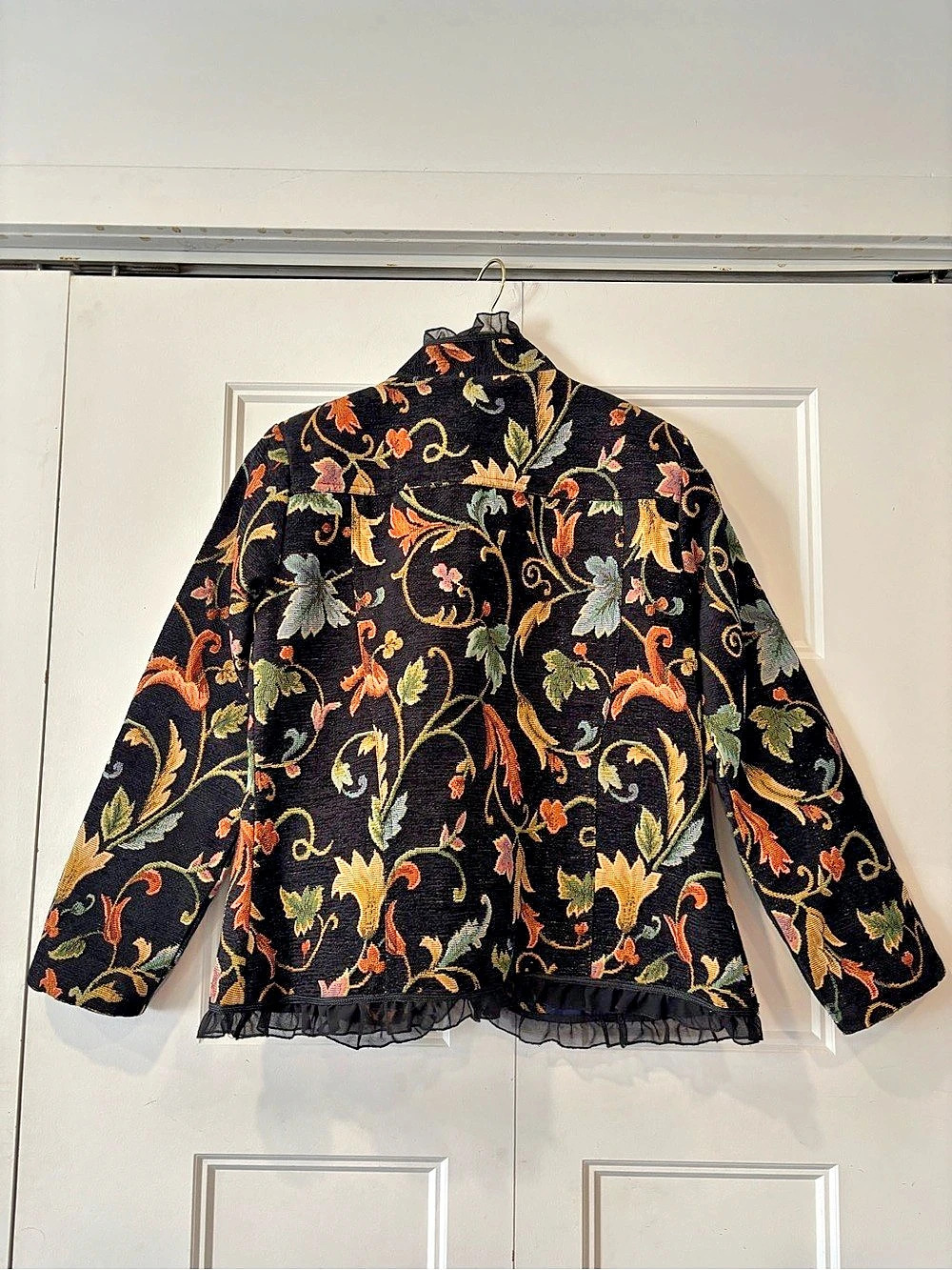 Vintage Floral Tapestry Open Front Jacket w/ Mesh Ruffle Trim | Petite Small